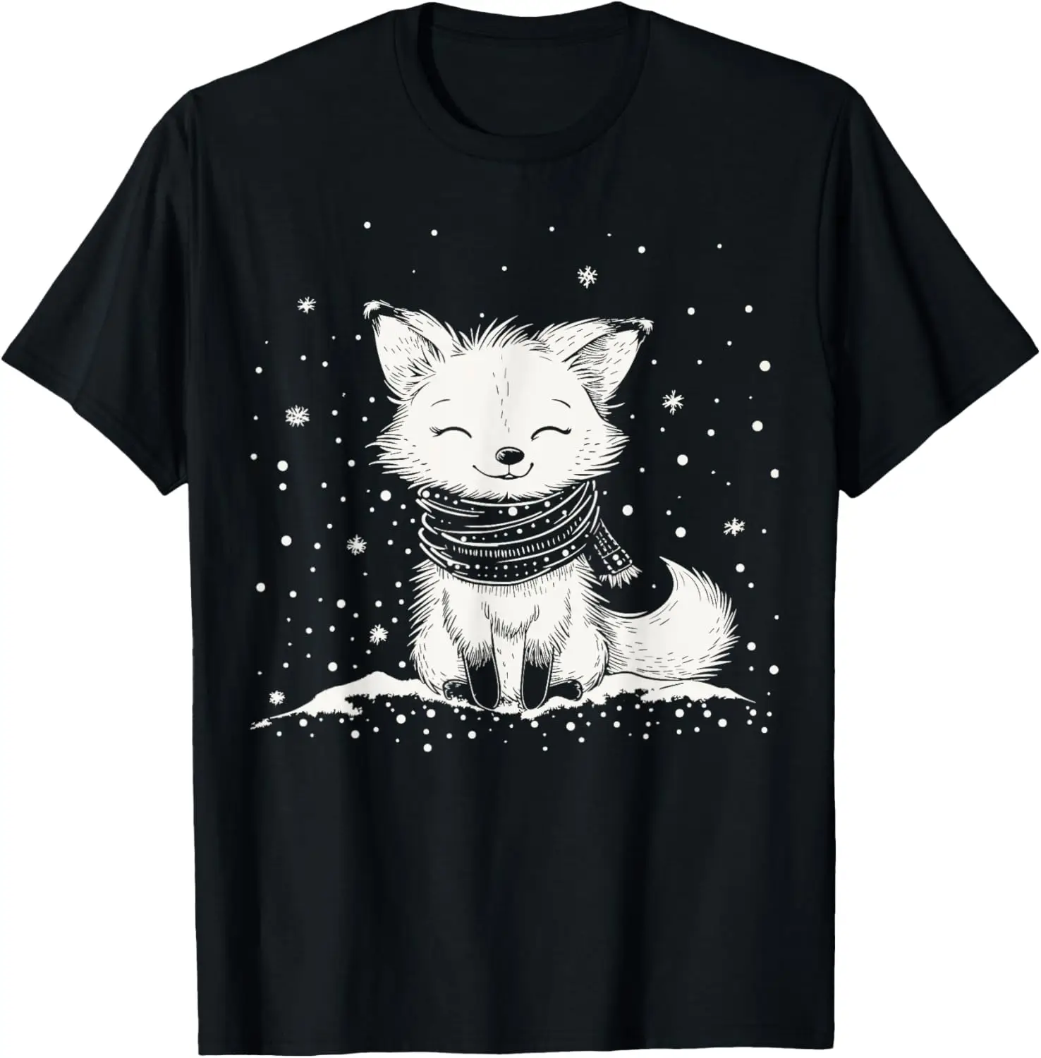 

Милая белая арктическая лиса в шарфе, зимняя футболка с рисунком снега, мягкая хлопковая повседневная футболка