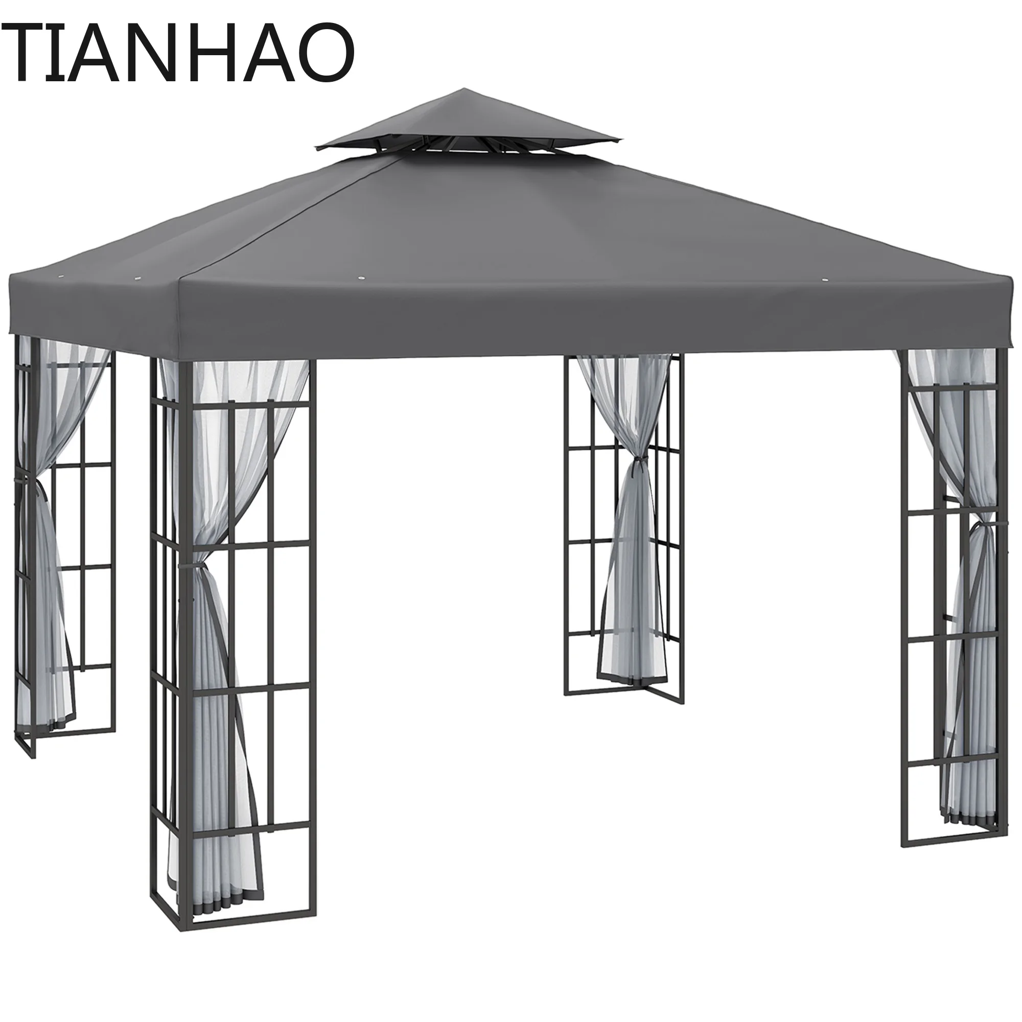 Outsunny 3 x 3 (m) Gazebo para patio, dosel, pabellón de jardín, tienda de campaña, refugio con techo de 2 niveles y mosquitera, estructura de acero, gris