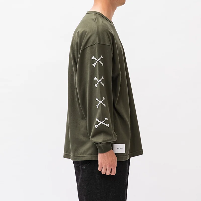 WTAPS 22AW Round Neck Long Sleeve T-shirt Cross Bone Stick Letter Print Pullover Base T-shirt Top