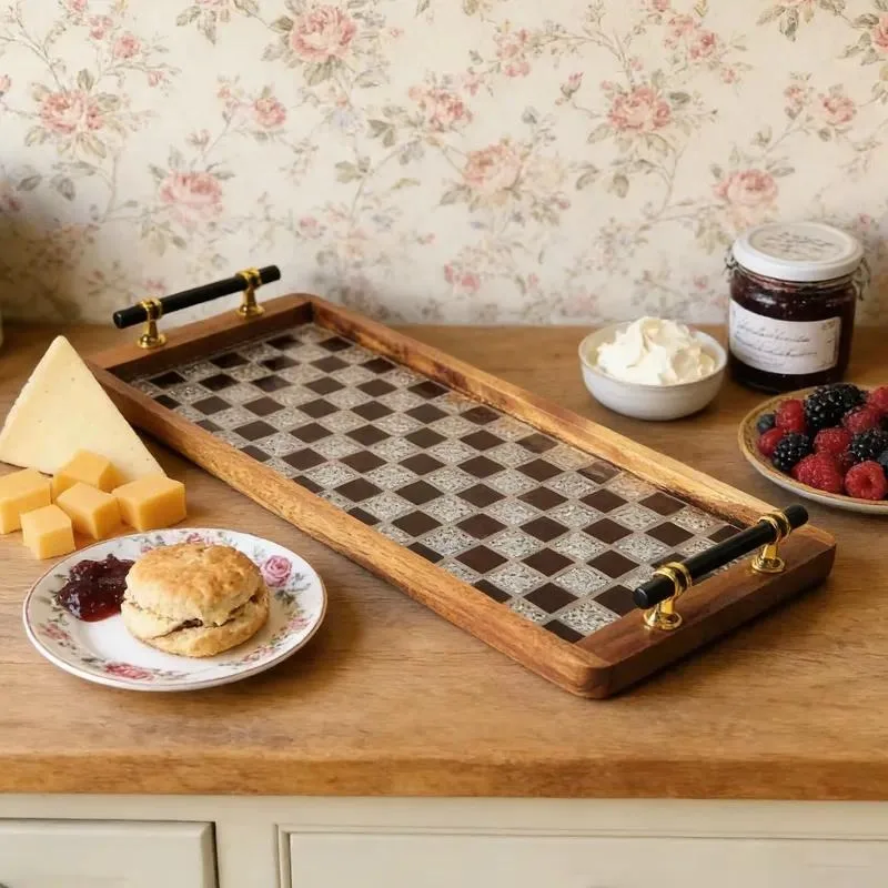 Acacia Wood Pallets with Handles Serving Tray Made of Acacia Wood and Resin for Home Decor Kitchen Dining Table Display