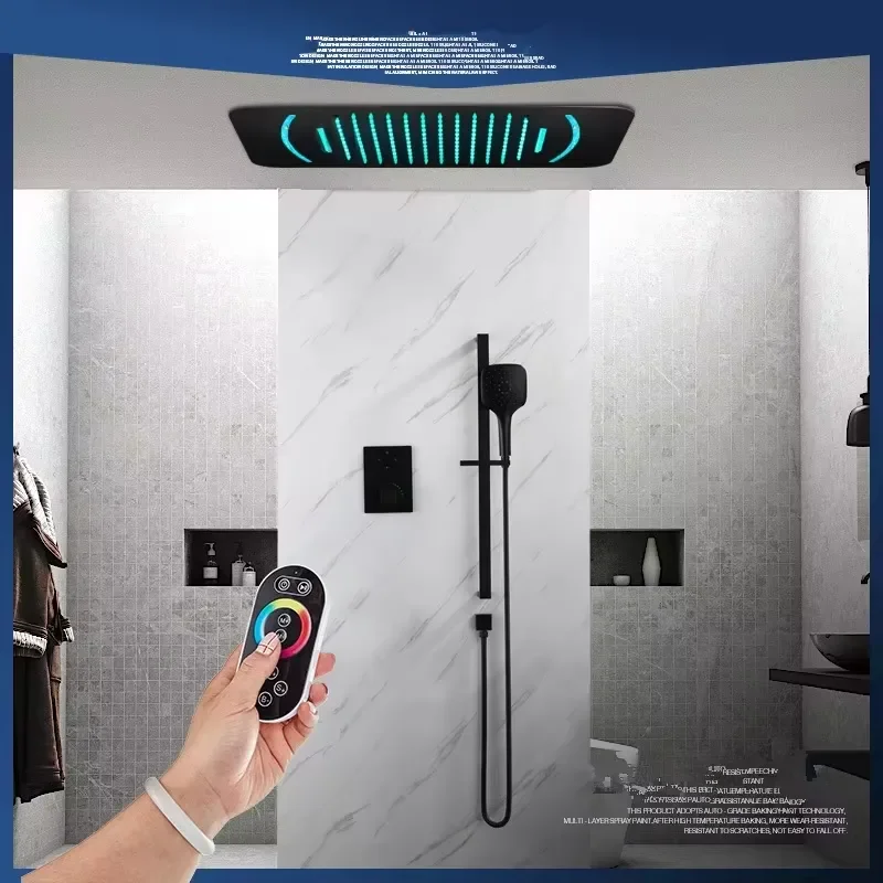 LED Wall Mount Complete Set 3-Function Black Brass Modern Water Saving Rainfall Shower Kits High Pressure Full Body Faucet