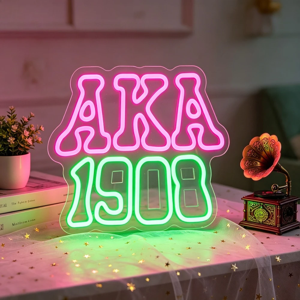 AKA 1908 LED Neon Sign Pink Green Sorority Gift USB Powered Dimmable Wall Art for College Bedroom Party Decor