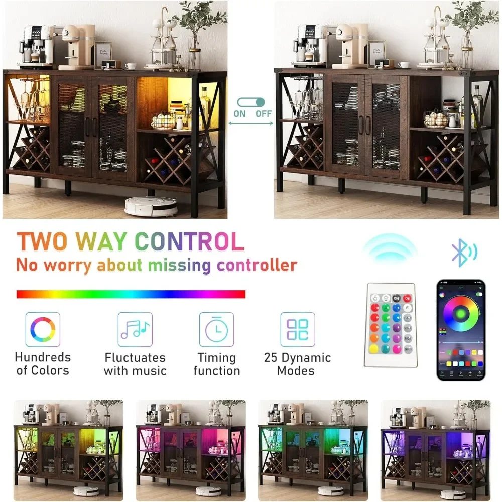Industrial LED Bar Cabinet com Removível Wine Rack, Licor Rústico Coffee Bar, com Outlet e 16.000 Luzes Coloridas, 55"