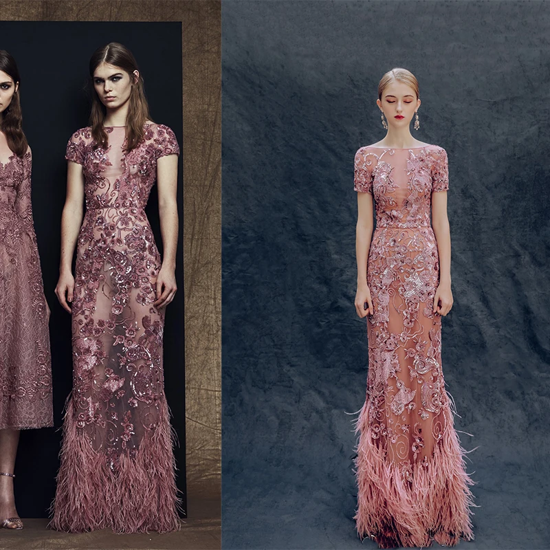 New Zuhair Murad Pink Short sleeves Bead Sequins Feathers Mermaid فساتين السهرة vestidos de fiesta  فساتين سهره evening dresses