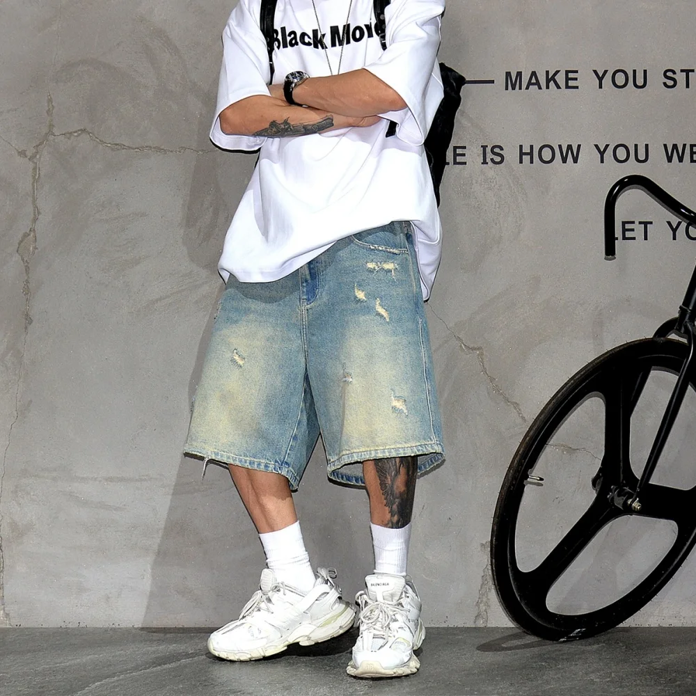 Korean Vintage Distressed Jorts Men Clothing Hip Hop Ripped Denim Shorts Streetwear Baggy Jeans Summer Harajuku Casual Shorts