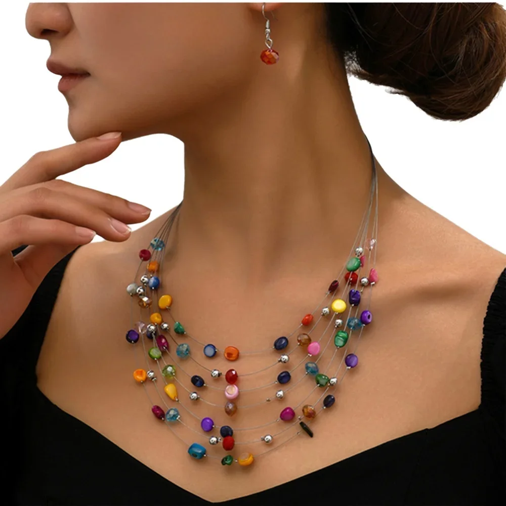 Jewelry Sets For Women Multi Layered Shell Illusion Necklace Earring Set Colorful Chunky Beads Necklace for Women Gifts