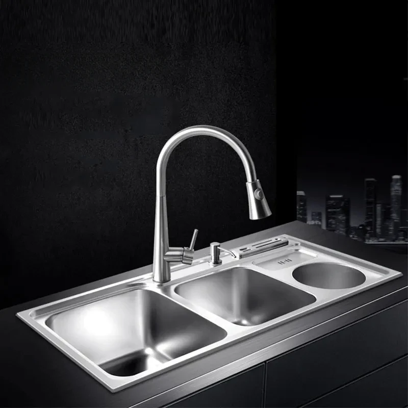 multifunctional kitchen sink Stainless steel brushed   double bowl Drawing drainer hot and cold water faucet   sink