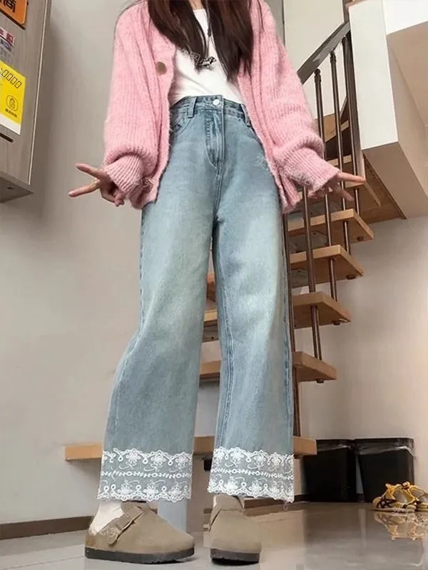 

Светло-голубые джинсы с кружевными вставками, прямые, с высокой талией, широкие штанины, женские, весна-лето, новые, повседневные, джинсовые, с высокой талией