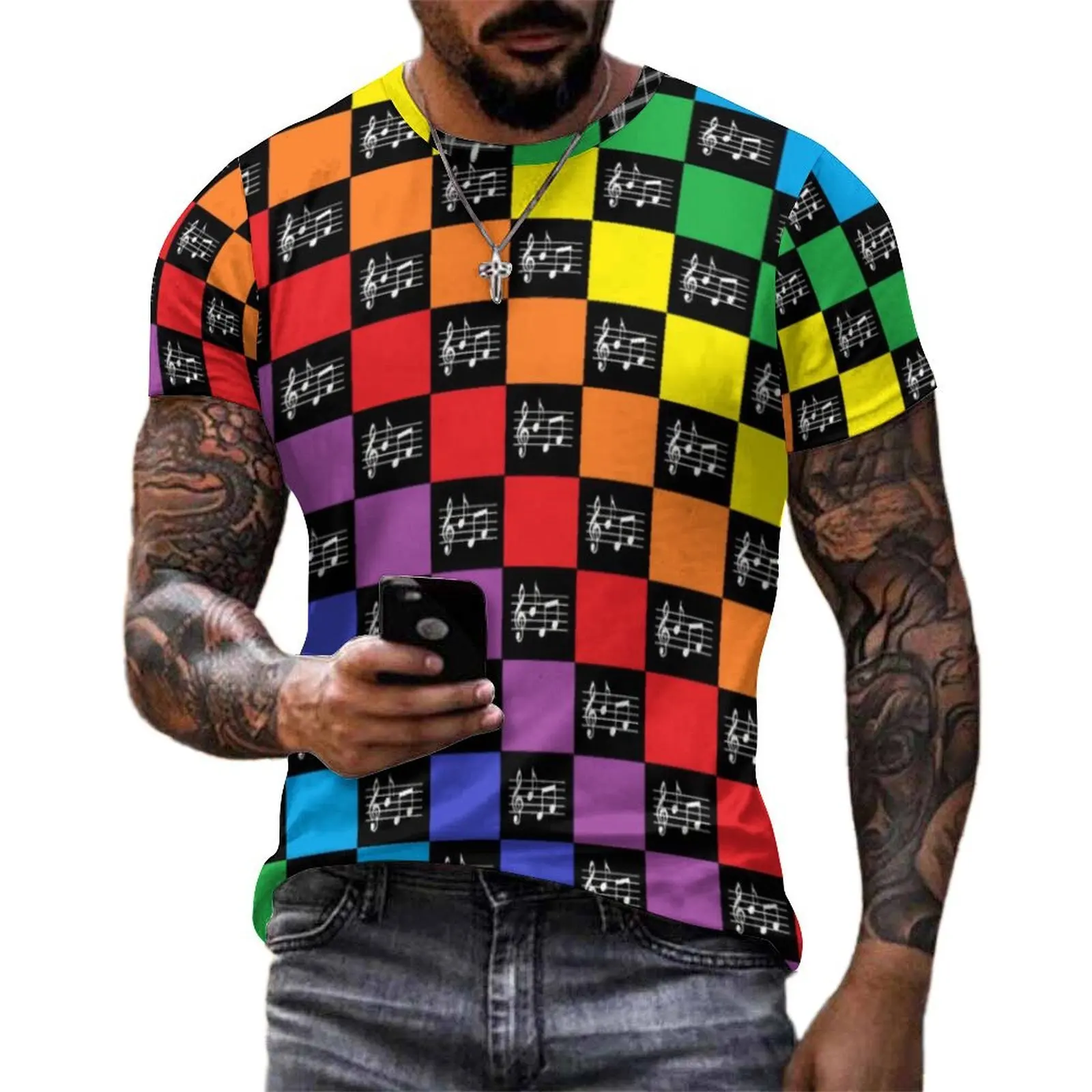 Men Rainbow Music Notes T Shirt Checkered Hip Hop T Shirts Short Sleeve Tshirt Hot Sale Summer Street Style Plus Size Tees