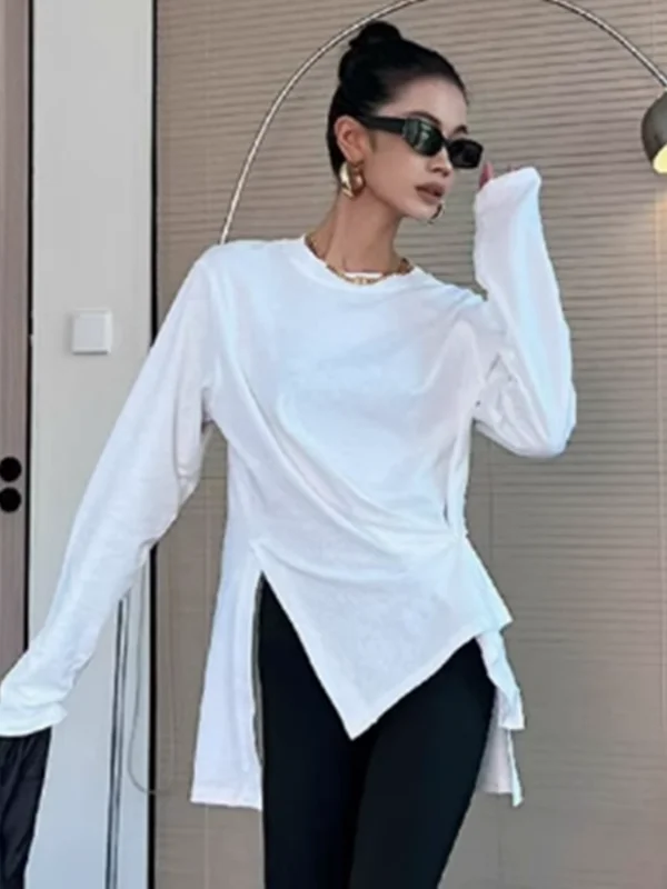 

Sun Protection Casual Long Sleeve round Neck Women's T-shirt Spring Autumn New Style Loose Fit Base Shirt Top Button Split