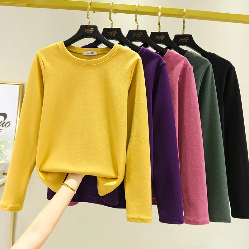Thickened Fleece Long Sleeve round Neck Thermal T-Shirt Women's Close-Fitting Cotton Top Pure Color Korean Style Commute Fashion