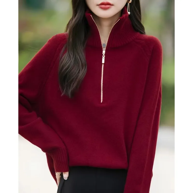 Quality Turtleneck Sweater Women Knitwear Loose Casual Zipper Half Open Collar Pullovers Autumn/Winter Supple Knit Top Keep Warm