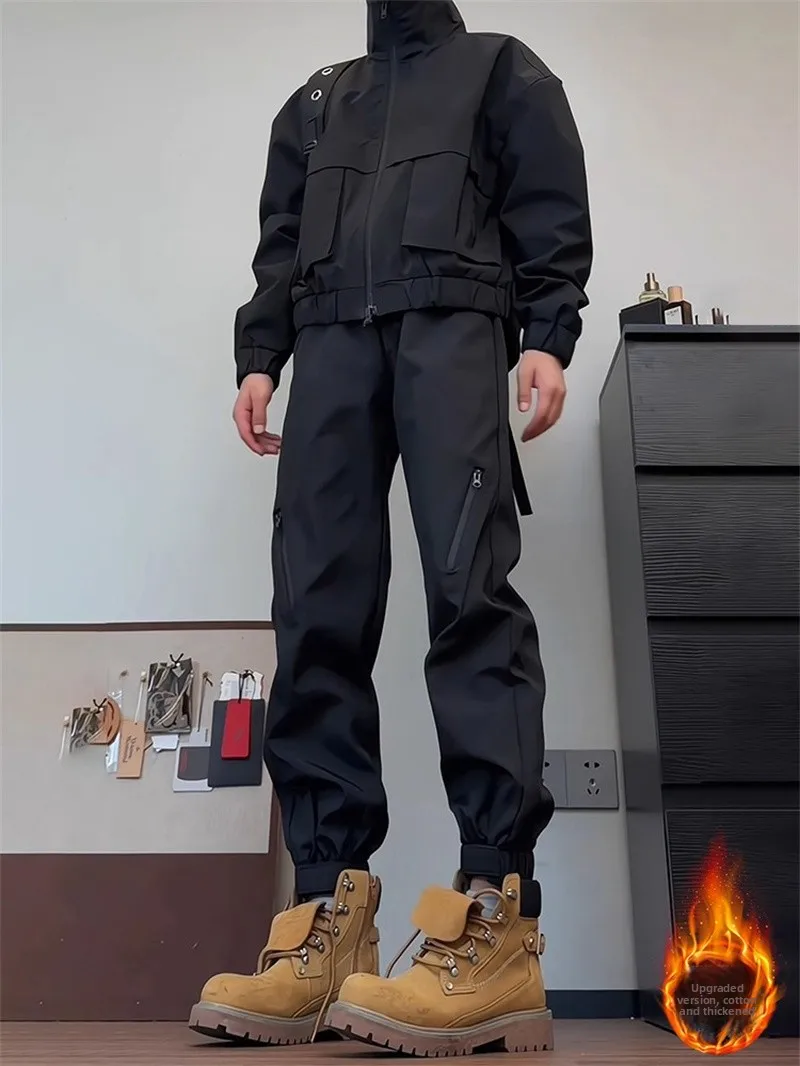 

Утепленные мужские рабочие брюки на флисовой подкладке в американском стиле, функциональные ветрозащитные брюки с широкими штанинами, теплые, стильные и модные.