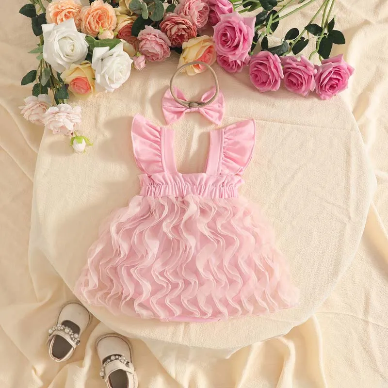Baby Girls Tutu Romper Dress With Headband Sleeveless Ruffle Strap Double Bow Bodysuit Newborn Baptism Photo Shoot Costume 0-18M