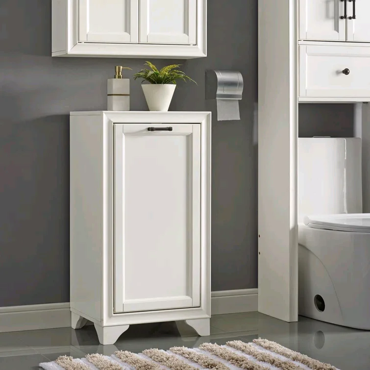 

！@Combohome Wood Trash Bin Cabinet Laundry Hamper Wooden Cabinet Hide Trash With Pull-Out Drawer Storage,White