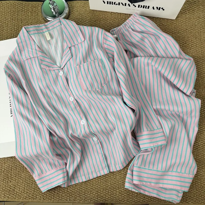 New Korean-Style Color-Blocked Women's Striped Lightweight Loose-Fit Relaxed Long-Sleeve Simple Spring/Fall Loungewear Set