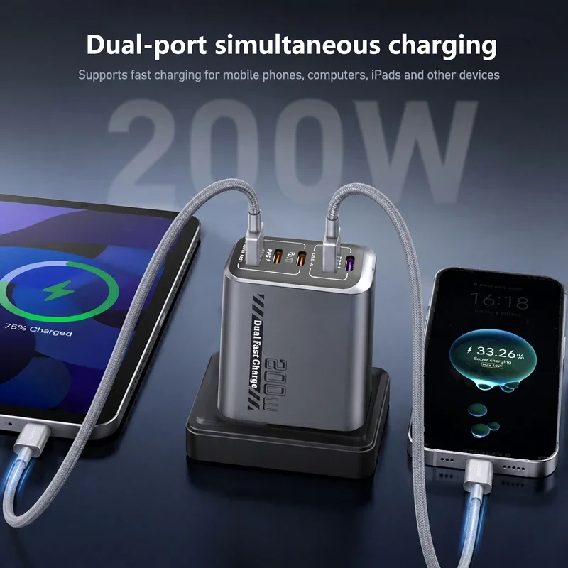 Ładowarka wieloportowa 200W, standardy EU, UK, US, pełne protokoły ładowania, możliwość ładowania 5 urządzeń jednocześnie, inteligentna, superszybka ładowarka. — zdjęcie produktu 2