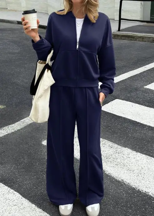 

Two Piece Set Women Outfit 2026 Spring Autumn New Round Neck Long Sleeve Zipper Jacket & High Waist Casual Long Pants Set