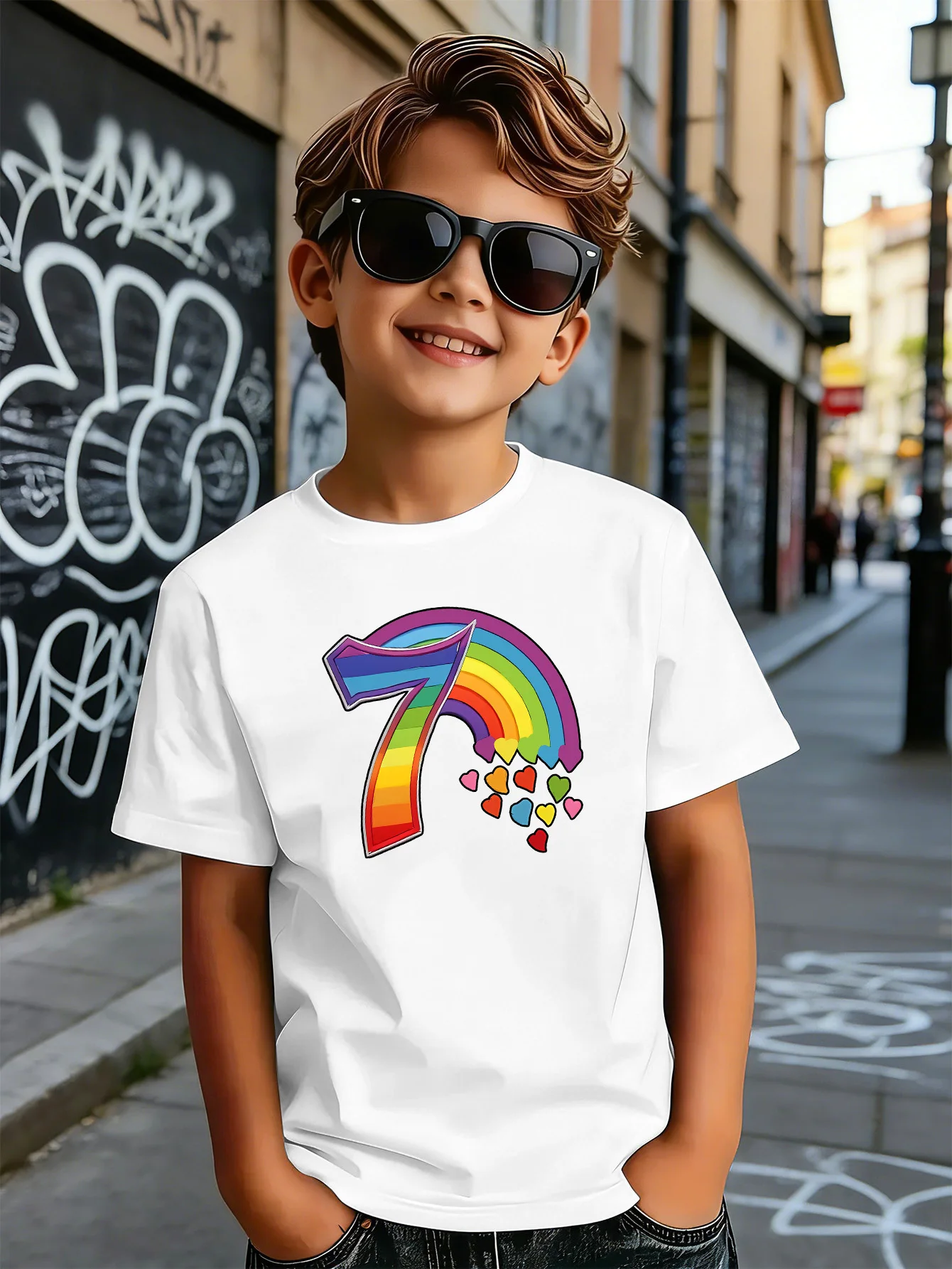 Rainbow Number 7 Lovely Hearts Birthday Kids T Shirt Boys Girls Short Sleeve Cotton Family Matching Toddler Daily Casual Tops