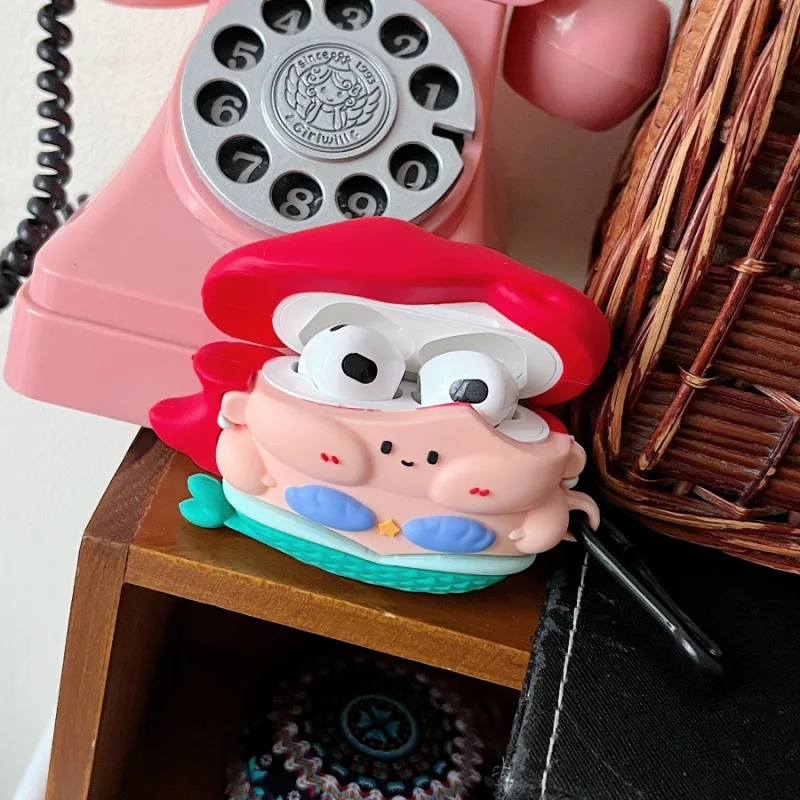 حافظة Disney Ariel لأجهزة AirPods ، سلسلة مفاتيح مضحكة ثلاثية الأبعاد ، سماعة رأس لاسلكية ، سماعة رأس بلوتوث ، غطاء سيليكون ، Airpod Pro ، 1 ، 2 ، 3