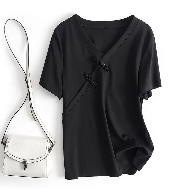 

plus Size Women's V-Neck T-Shirt Summer Loose Belly Covering Short Sleeve Fashionable Top Korean Style Casual Wear