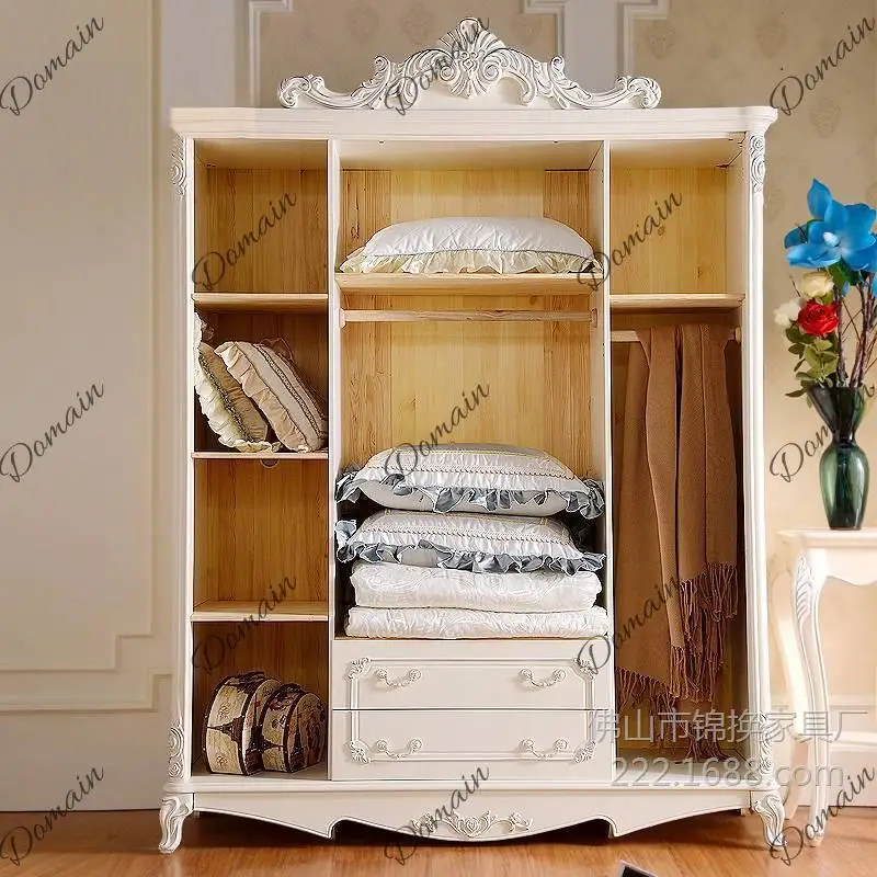 Solid wood white wardrobe European 4-door bedroom wardrobe sliding door simple five-door wardrobe with double pumping