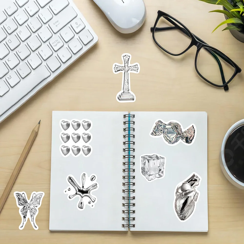 66 Uds. Pegatinas de grafiti de arte plateado fresco estilo Ins, calcomanías estéticas de dibujos animados, juguetes DIY, monopatín, guitarra, cuaderno, teléfono, regalos para bicicleta