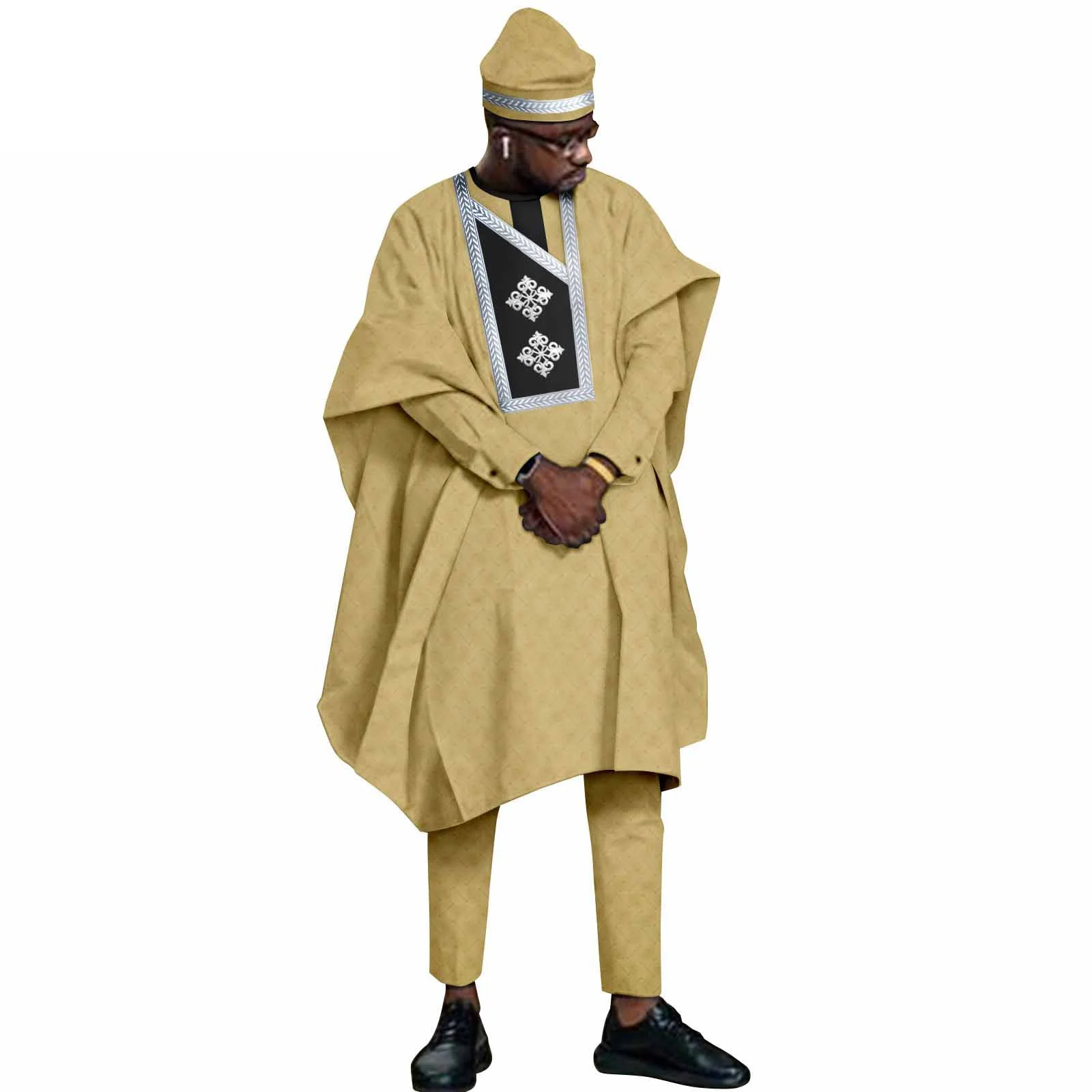 

New African Men`s Suits Agbada Robe Dashiki Shirts Pants and Hat 4 Piece Set Tribal Outfits African Clothes for Wedding Evening