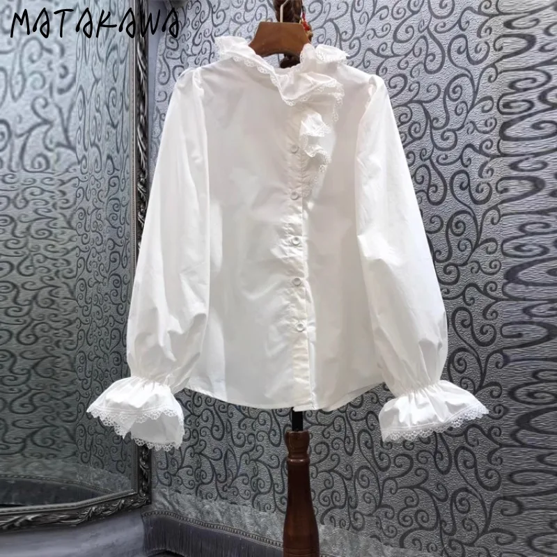 

Matakawa Flare Sleeve Women Shirts&blouses Solid White Spring Autumn Blusas Mujer Korean Fashion Vintage Sweet Simple Camisas