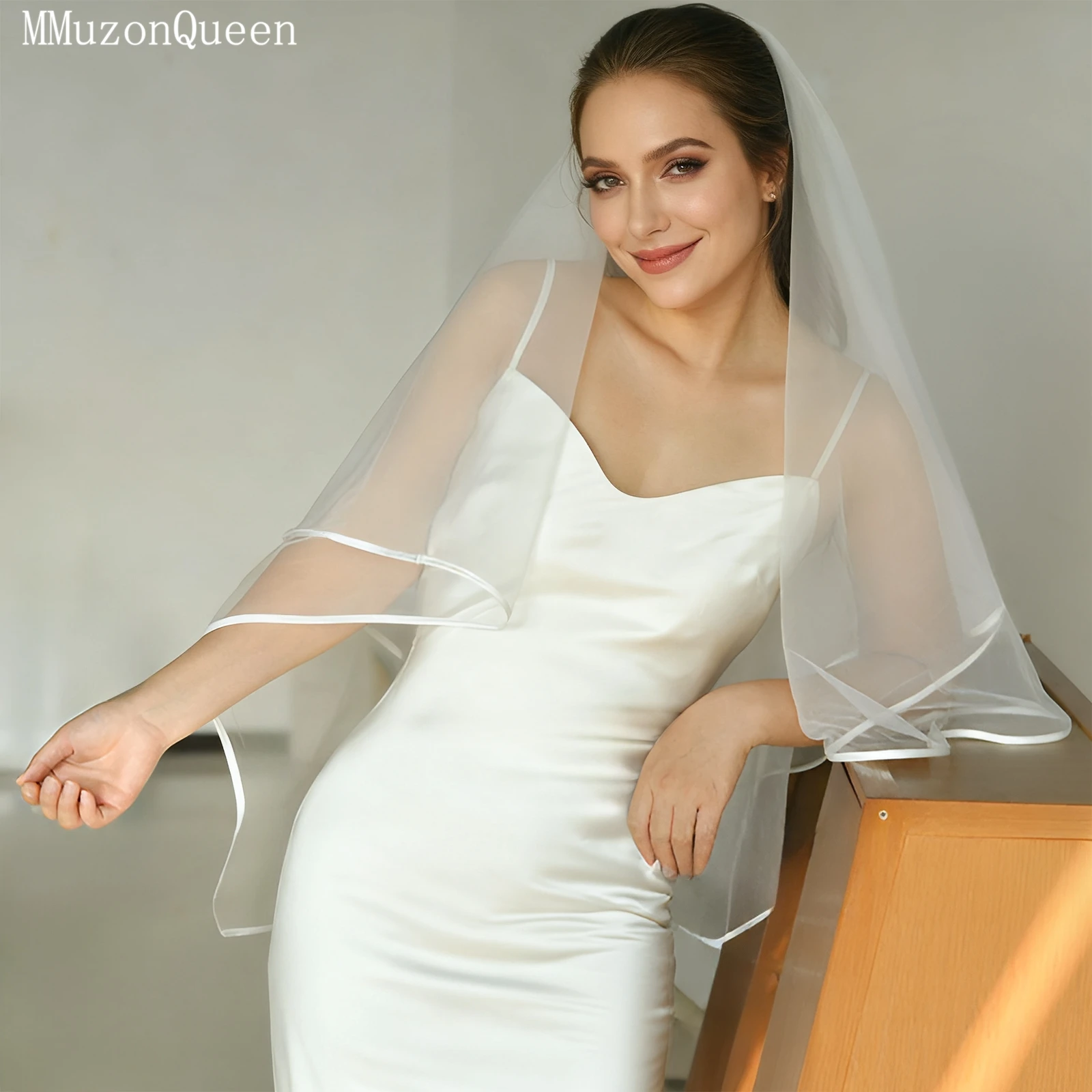 TOPQUEEN V97 حجاب الزفاف 2-Layer الشريط حافة طرحة الزفاف مع مسحوق أحمر الخدود اكسسوارات الزفاف الحجاب الطويل للتخصيص