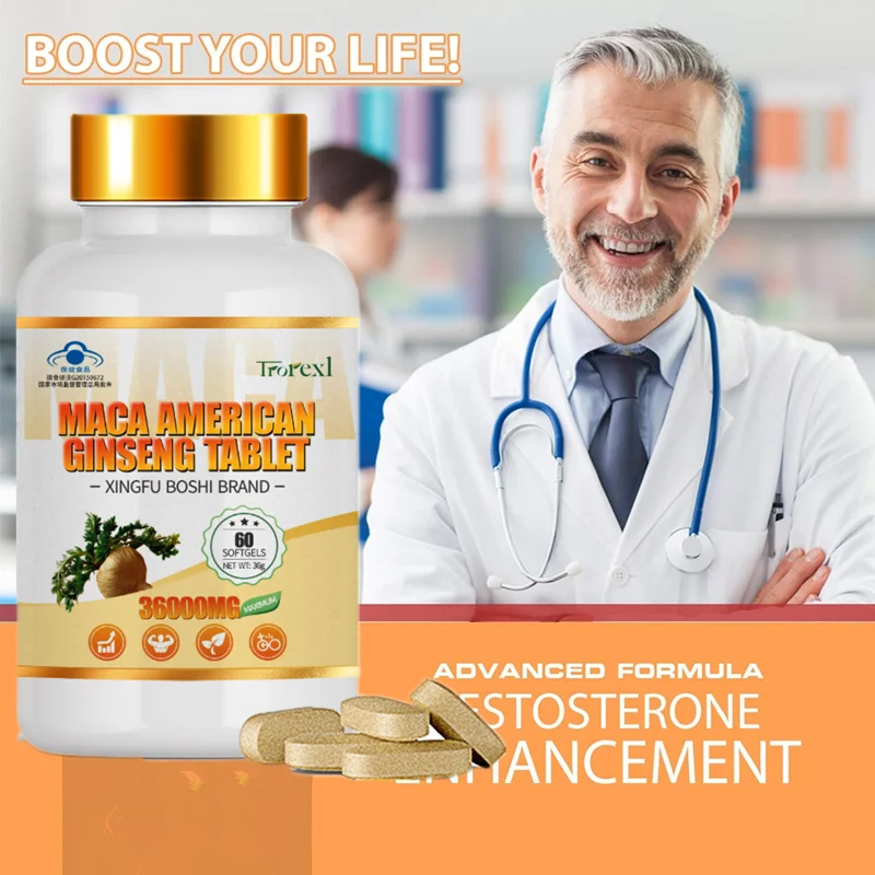 Peruvian Maca+Ginseng Capsule 60 Tablets 100% Pure Non-GMo Supports Reproductive Health Natural Energizer