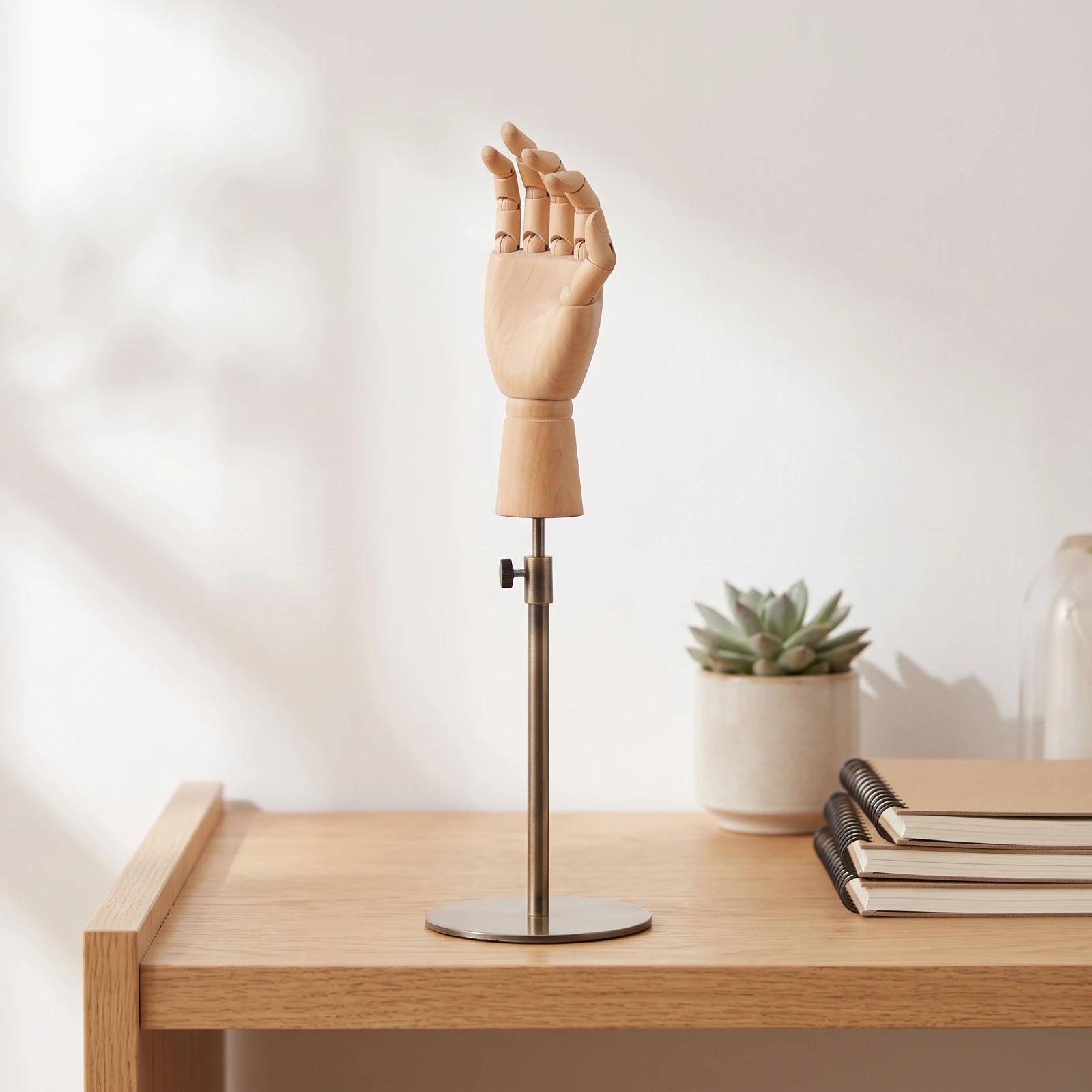 Wooden Articulated Hand Model with Stand Lifelike Posable Hand Mannequin Adjustable Fingers for Art and Jewelry Display