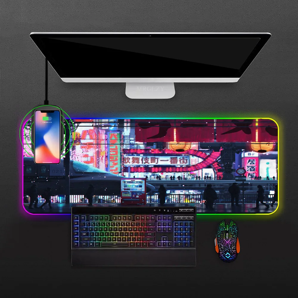 

RGB Wireless Charging Mousepad City Street Night Computer Games Laptop Keyboard Anti-slip Mat Desk Mats Mice Gamer Table for Pc