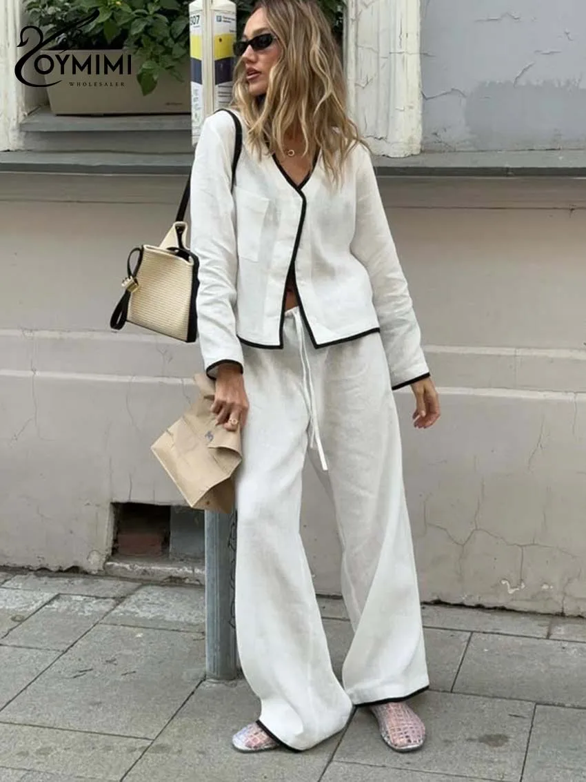 

Oymimi Casual White Cotton Woman 2 Piece Set Outfit Fashion V-Neck Long Sleeve Patchwork Button Shirts And Drawstring Pants Sets