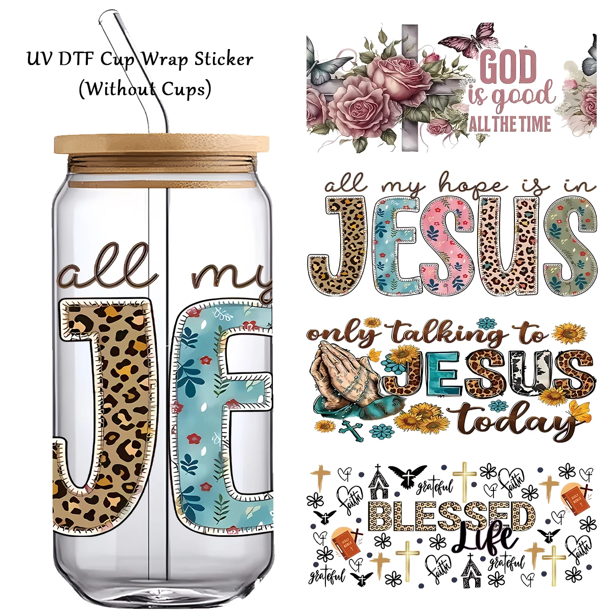 4 Stück DIY wasserdichten Transfer Aufkleber, Jesus gesegnet UV-Transfer Aufkleber, Gott ist gut alle Zeit Wörter Muster Glas Tasse Aufkleber