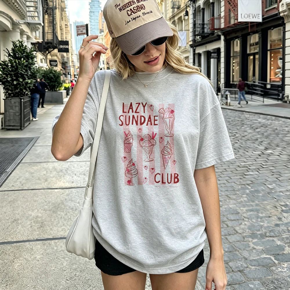 Women Lazy Sundae Club Ice Cream Cone Striped Print T Shirt Pink Sketch Graphic Cotton Tee Sweet Casual Daily Ladies Summer Tops