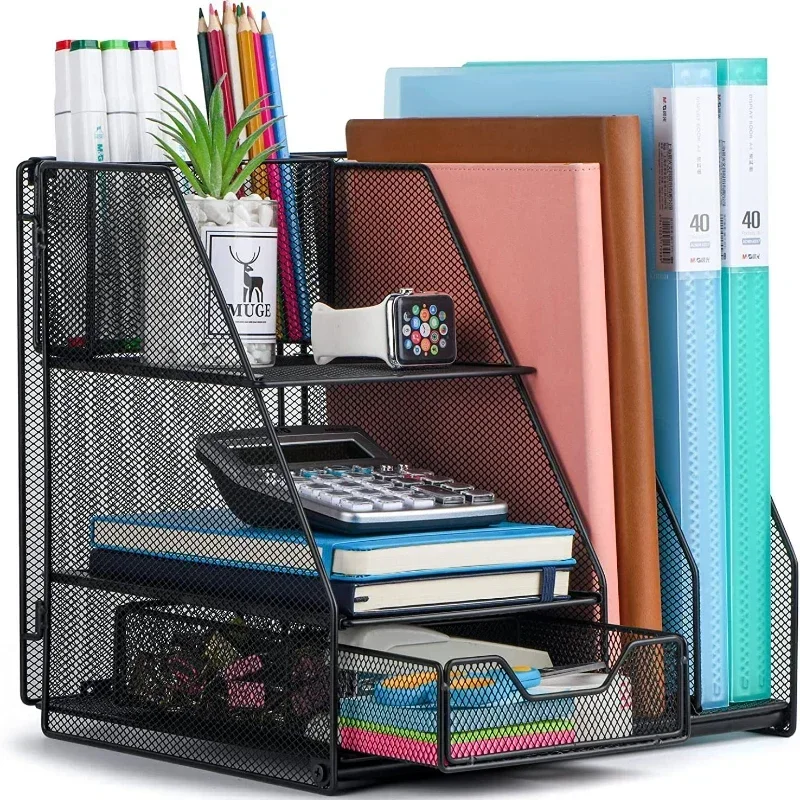 Organizador de mesa com gavetas e caneta bandeja titular, Mesh Desktop Storage, Magazine Rack, adequado para material de escritório