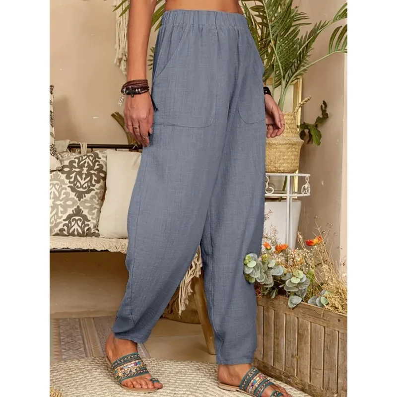 

Большие размеры 1XL-5XL, женские модные однотонные брюки с двойными карманами, женские повседневные длинные брюки с эластичной резинкой на талии и ремешком для ног