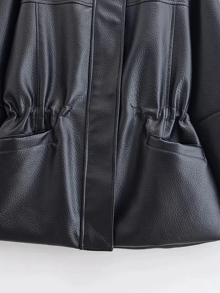 المرأة الشارع الأسود جلد المرأة سترة الوقوف طوق سحاب أكمام طويلة الخصر جيوب مغلقة معطف الإناث سيدة الموضة أبلى #6