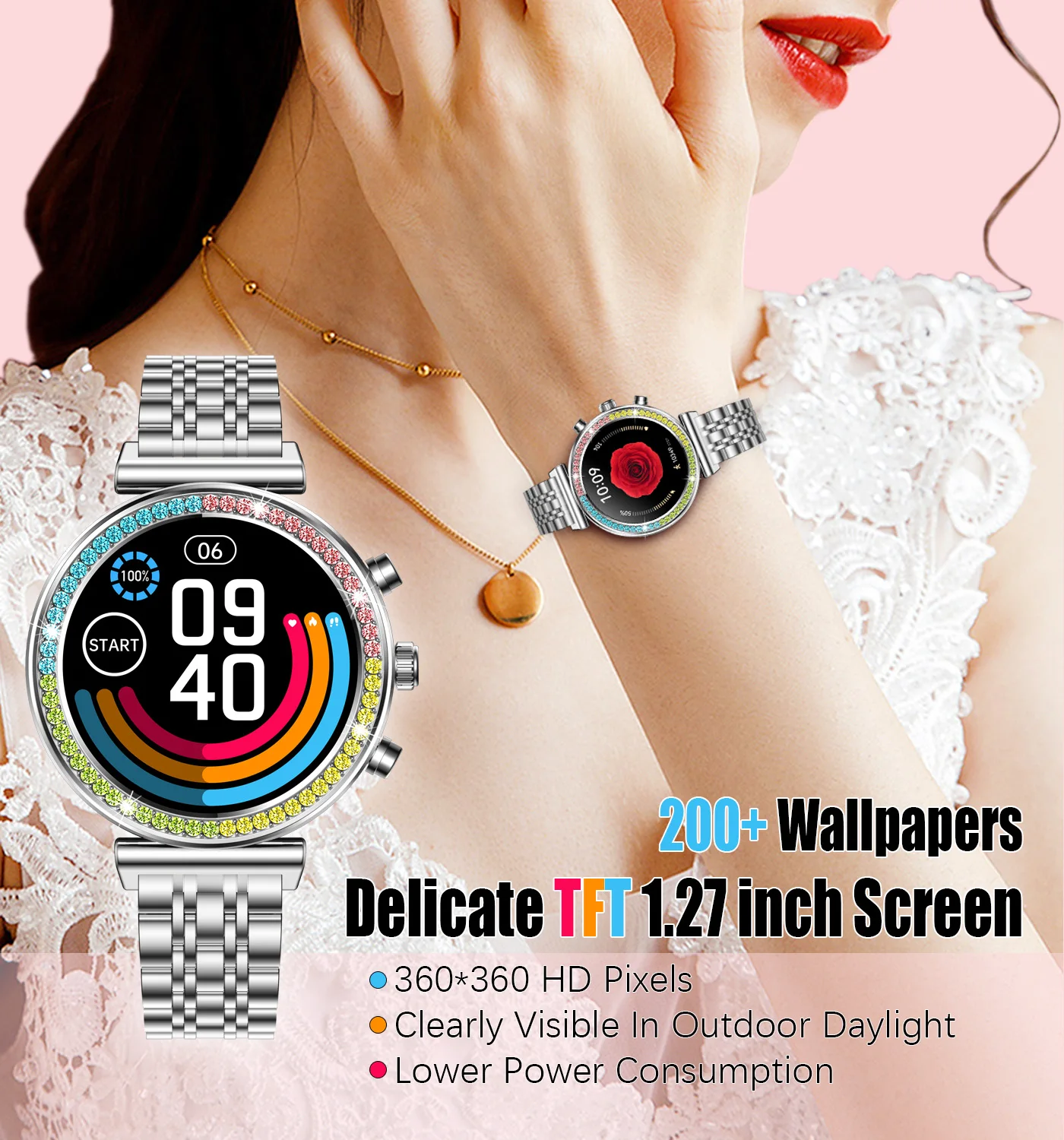 

ROLLSTIMI Light Luxury Exquisite Ladies Smart Watch 1.27inch IP67 Sleep/Health/Heart Rate Monitoring Bluetooth Call Sports Watch