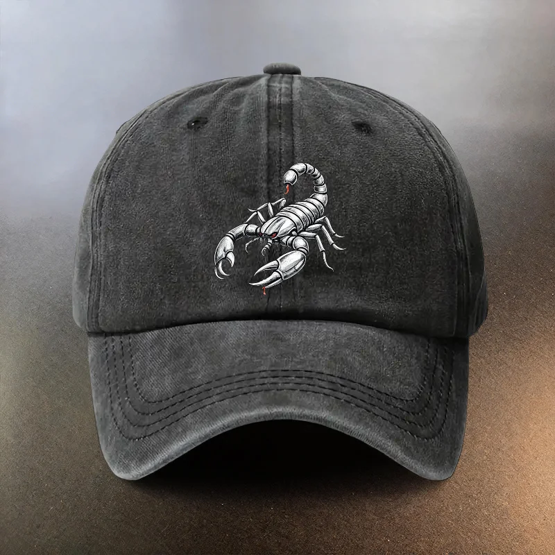 A Vintage Realistic Style Scorpion Print Washed Cap, Perfect for Daily Outings As a Sun-Shielding Baseball Hat. This Trendy Coup