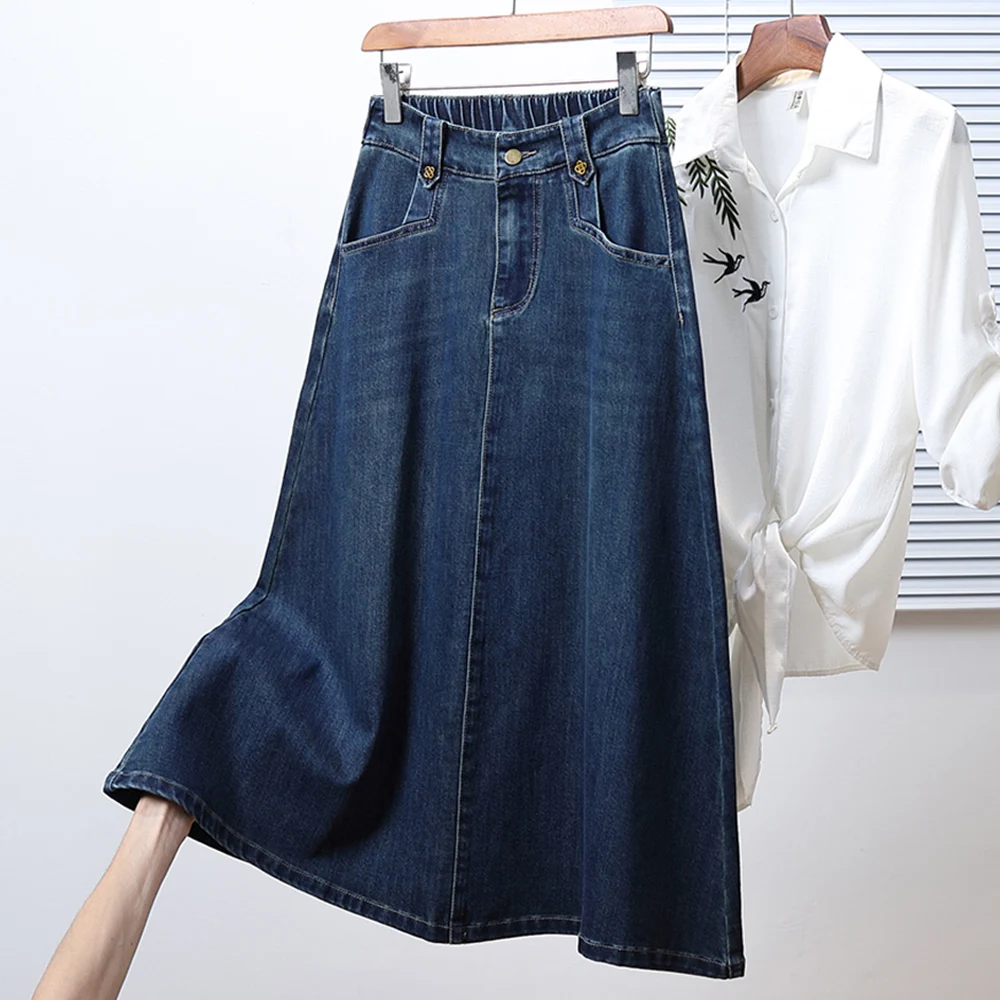 Retro Hong Kong Style High Waist Slimming Denim Midi Skirt Women's Casual Versatile Slim Fit Umbrella Skirt Dream Qing Sha Po