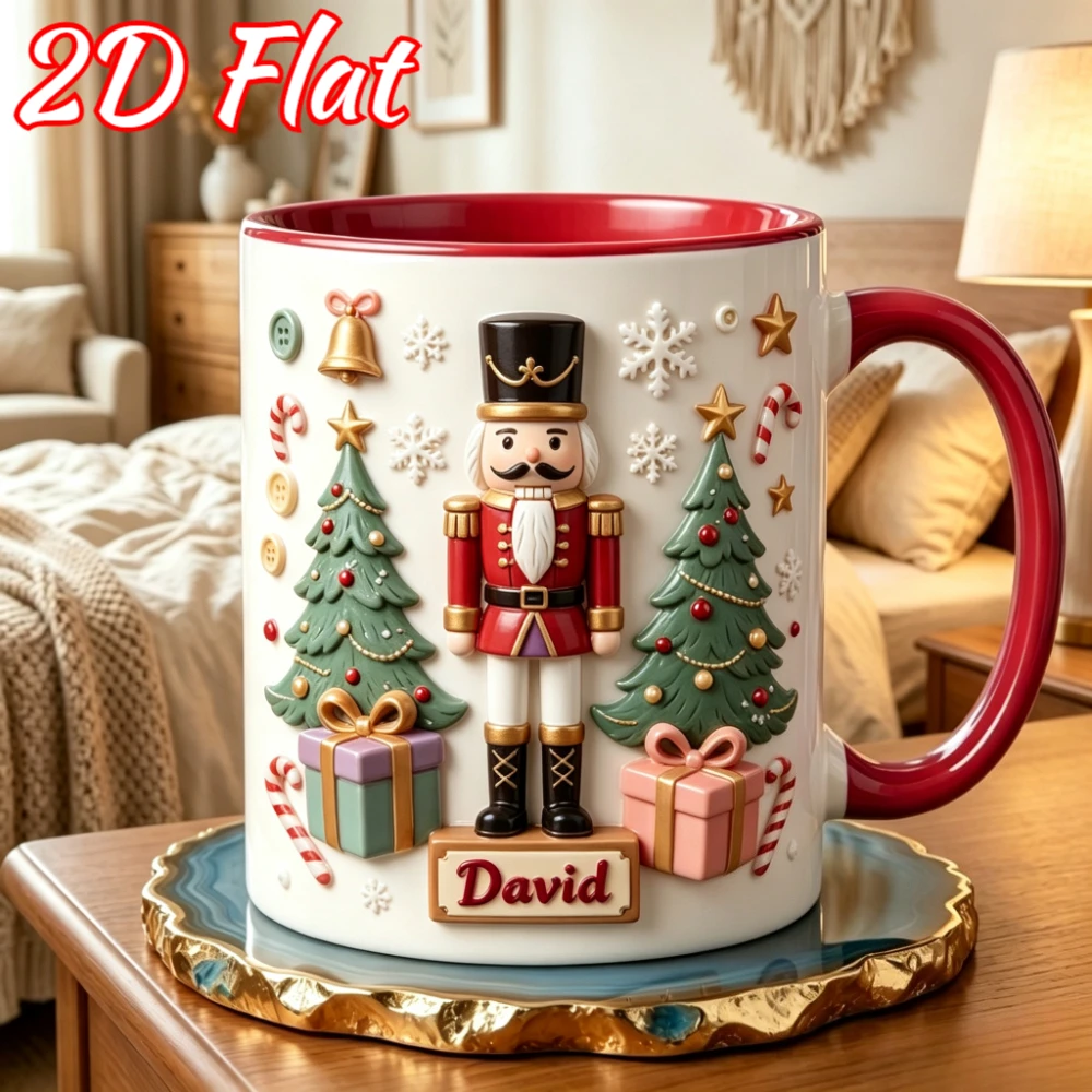 Personalized Christmas Mug 11oz Custom Name Nutcracker Soldier Tree Snow Bell Print Ceramic Coffee Cup Gift for Family Friend Ho
