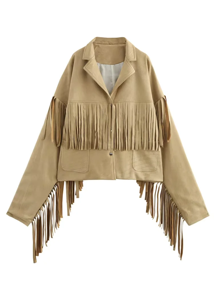 Tassels Patchwork Suede Jackets Women Fashion Button Flip Collar Pockets Loose Coats Jacket 2025 Autumn Clothing Lady Outerwears