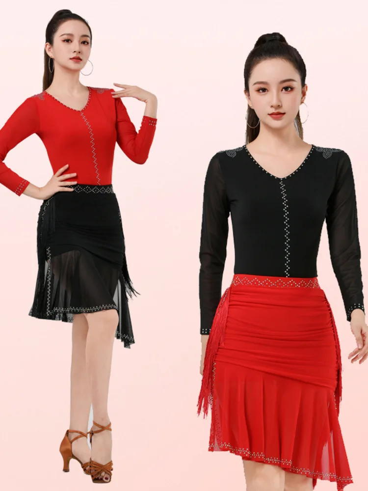 

Rhinestones Ballroom Dance Competition Tops For Girls Dancewear Classical Long Sleeves Standard Stage Costume Luxury Skirts