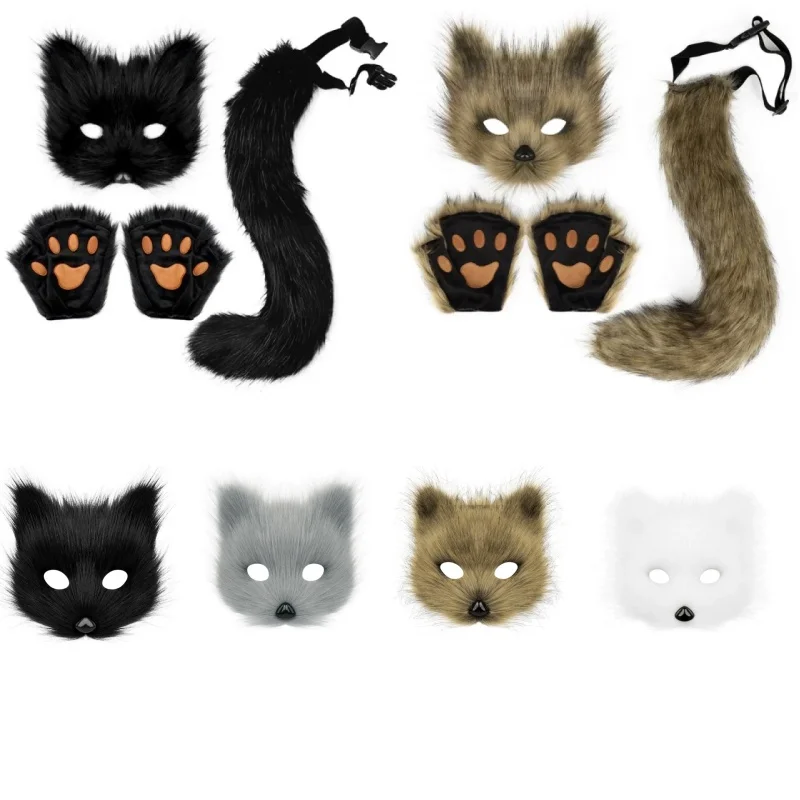 Foxes Mask+Tail +Gloves Set Halloween Cosplays Costume Accessorie Theme Party Dress Up Props Carnival Party Costumes Accessories