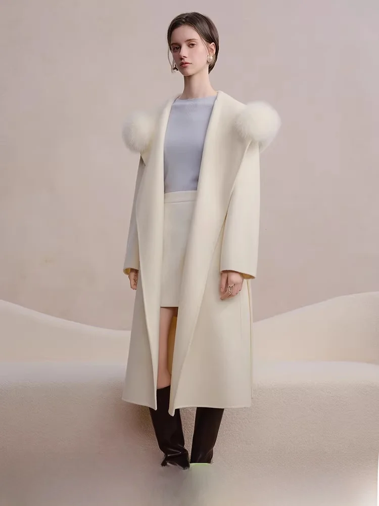 

Женское двустороннее шерстяное пальто большого размера с меховым воротником, утепленное верблюжьим пухом, с высокой талией, для повседневной носки