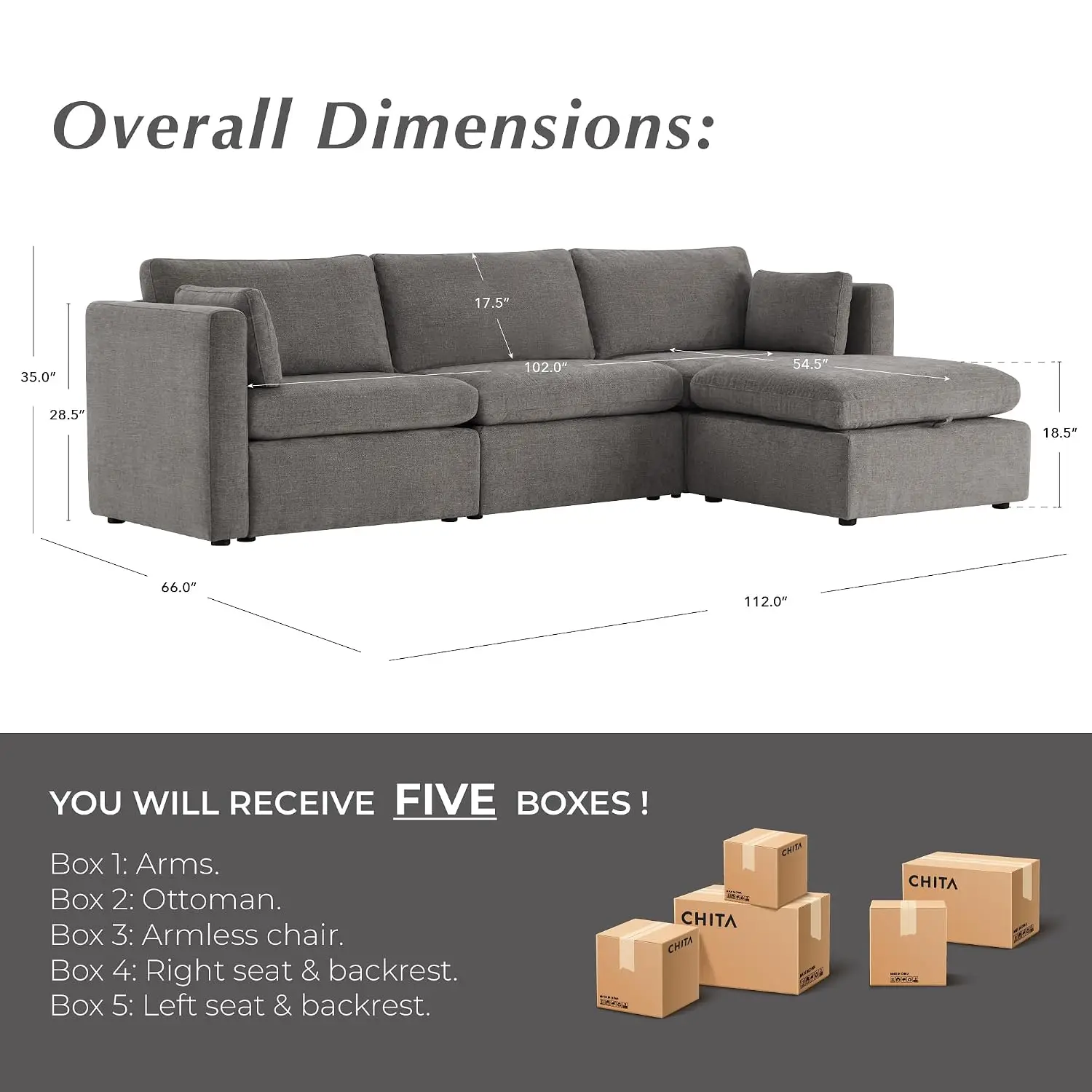 Modular Sectional Sofa, 4 Seat Living Room Furniture, 112 inch Grey Fabric, Customized