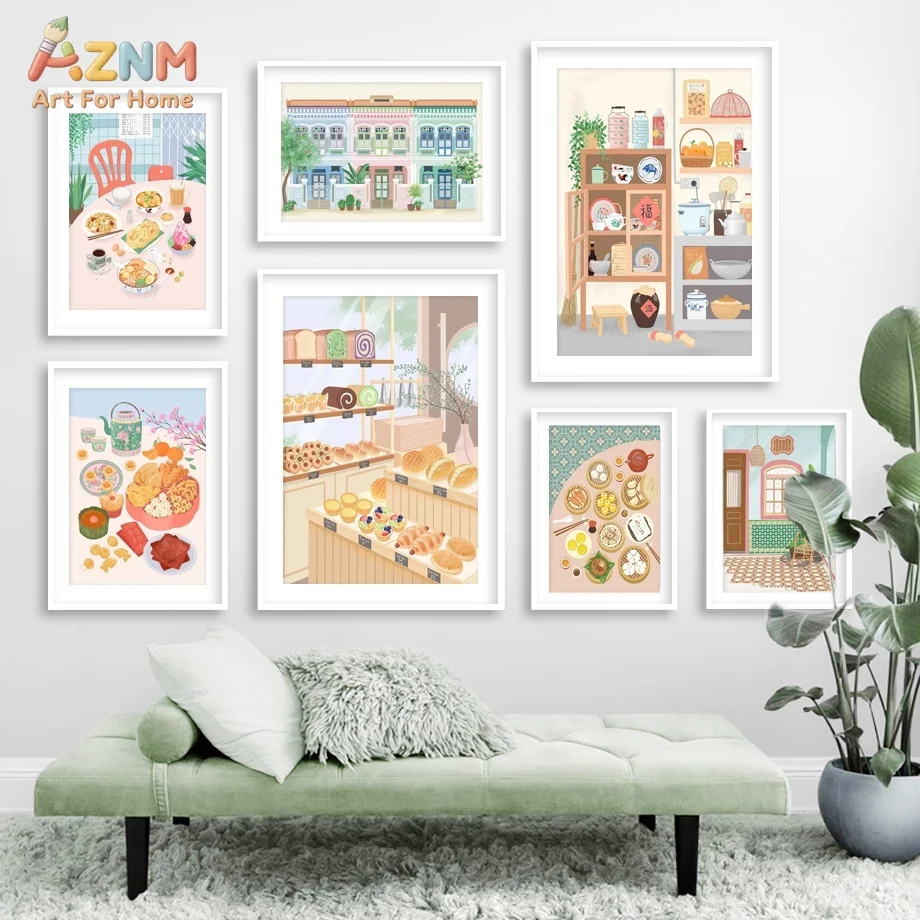 AZNM Cute Pastel Food Canvas Wall Art Asian Dim Sum Bakery Kitchen Nostalgic Shophouse Illustration Dining Room Unframed Canvas
