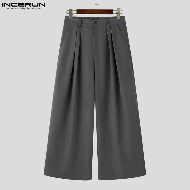 INCERUN Men Wide Leg Pants Solid Color Button Joggers Loose Pleated Casual Trousers Men Streetwear 2024 Fashion Long Pants S-5XL